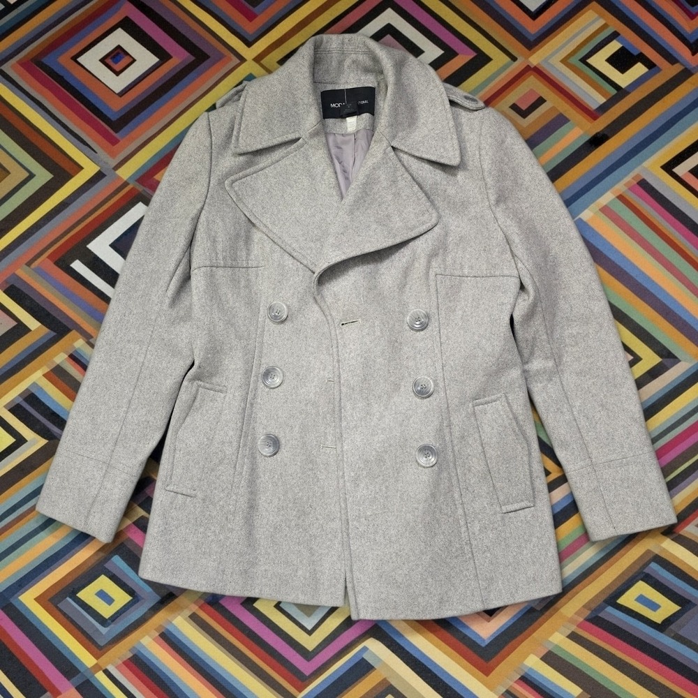 Moda International Womens Ice Grey‎ Wool Blend Double Breasted Pea Coat Small